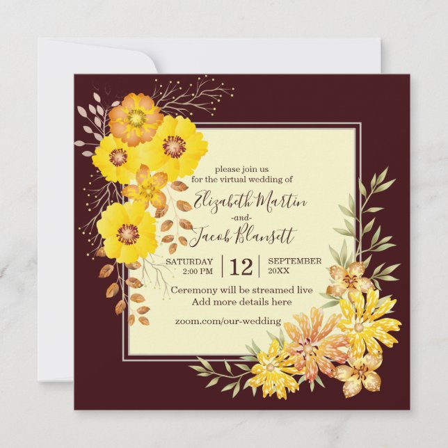 Rustic Fall Yellow Wild Roses Virtual Wedding Invitation (Front)