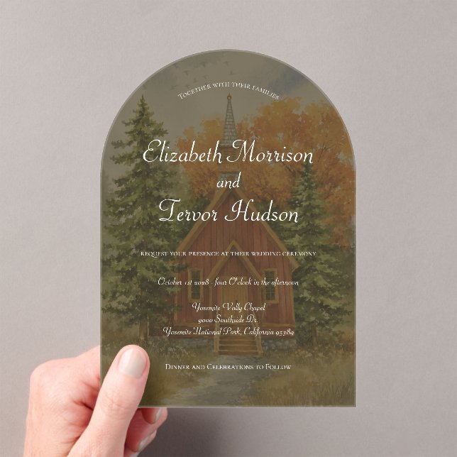 Rustic Fall Yosemite Chapel Wedding Acrylic Invitations (Insitu (Handheld))