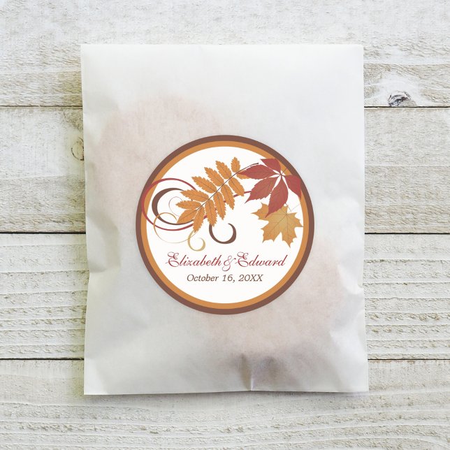 Rustic Falling Leaves Autumn Wedding Classic Round Sticker (Creator Uploaded)