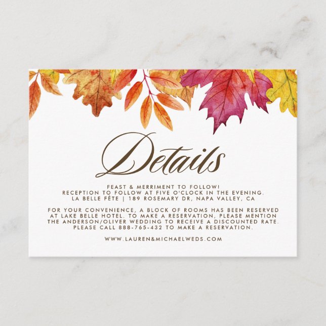 Rustic Falling Leaves Autumn Wedding Details Enclosure Card (Front)