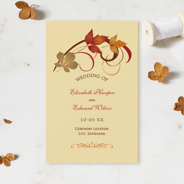 Rustic Falling Leaves Golden Fall Wedding Programs (Creator Uploaded)
