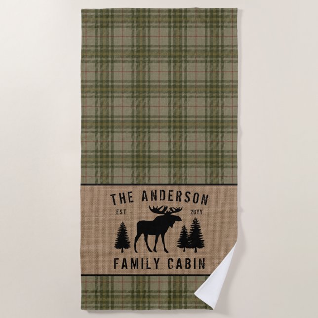 Rustic Family Cabin Moose Pine Green Plaid Burlap Beach Towel (Front)