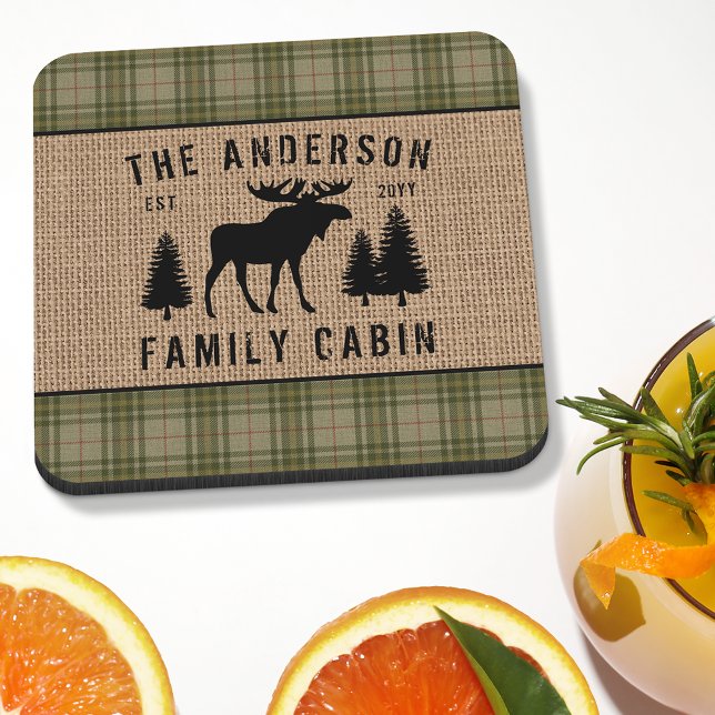 Rustic Family Cabin Moose Pine Green Plaid Burlap Coaster (Creator Uploaded)
