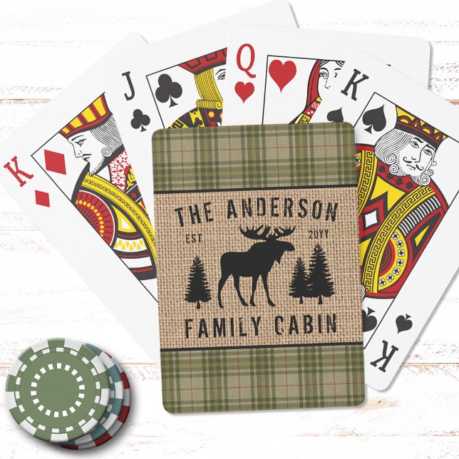 Rustic Family Cabin Moose Pine Green Plaid Burlap Playing Cards (Personalize with your Family Cabin, Cottage, Ranch or any desired text)