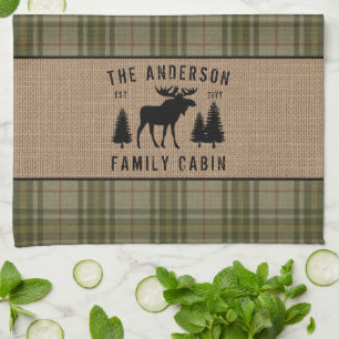 Rustic Family Cabin Moose Pine Green Plaid Burlap Tea Towel