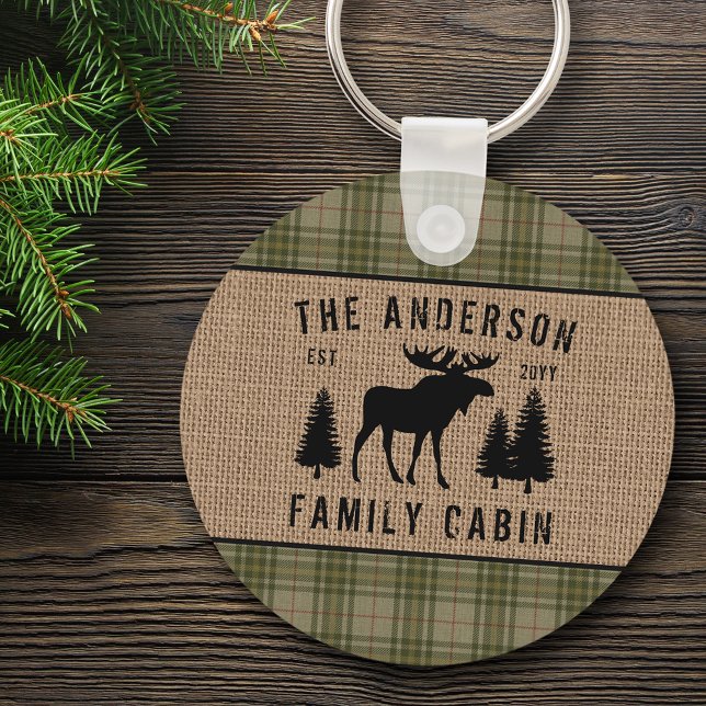 Rustic Family Cabin Moose Pine Green Plaid Round K Key Ring (Creator Uploaded)