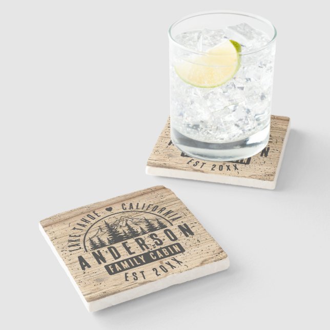 Rustic Family Cabin Mountain Lodge | Wood Effect  Stone Coaster (Side)
