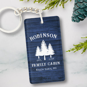 Rustic Family Cabin Trees Blue Wood Plank 2 Sided Key Ring