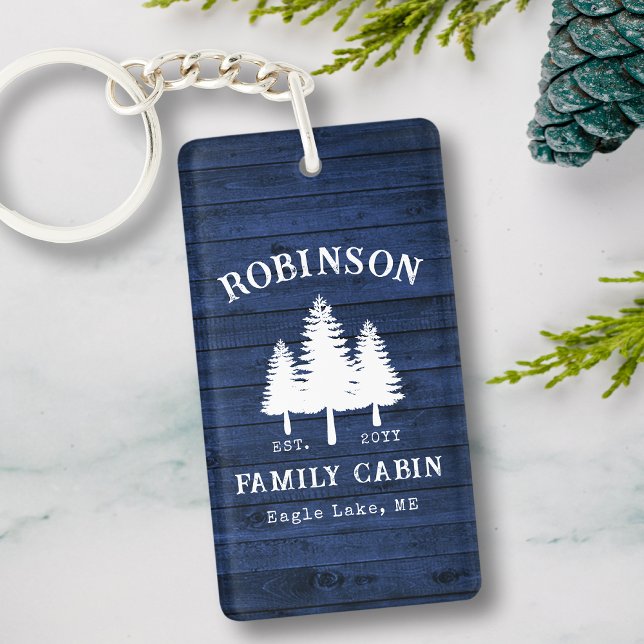 Rustic Family Cabin Trees Blue Wood Plank 2 Sided Key Ring (Creator Uploaded)