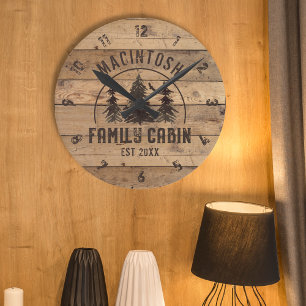 Rustic Family Cabin Wood Personalised Round Clock