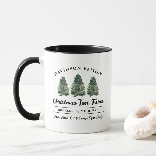 Rustic Family Christmas Tree Farm Monogram Mug (With Donut)