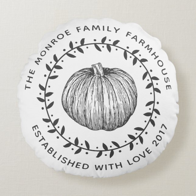 Rustic Family Farmhouse Pumpkin Wreath Round Cushion (Front)