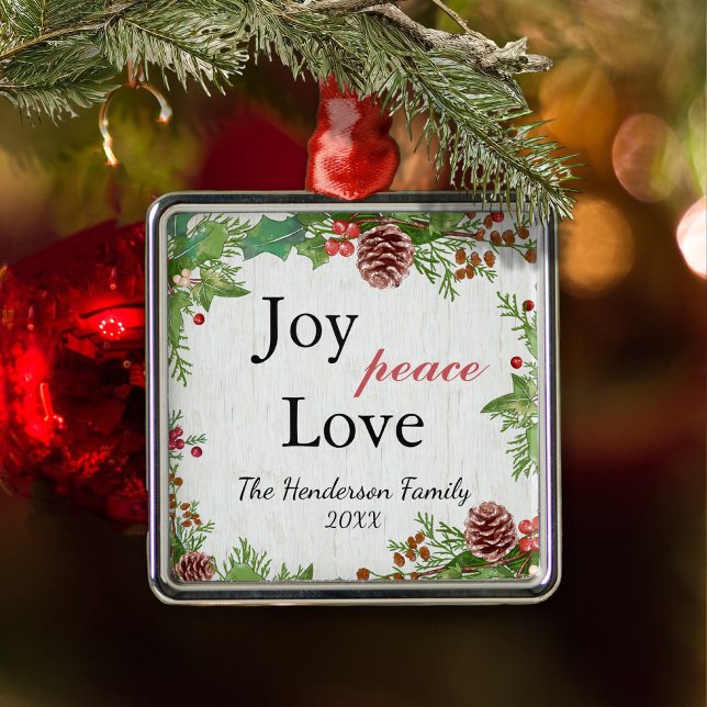 Rustic Family Joy Peace Love Christmas Metal Ornament (Creator Uploaded)