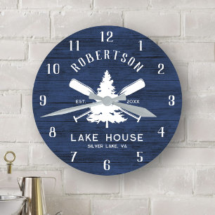 Rustic Family Lake House Fir Tree Navy Blue Wood Round Clock