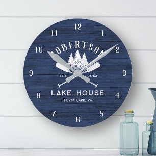 Rustic Family Lake House Navy Blue Wood Round Clock