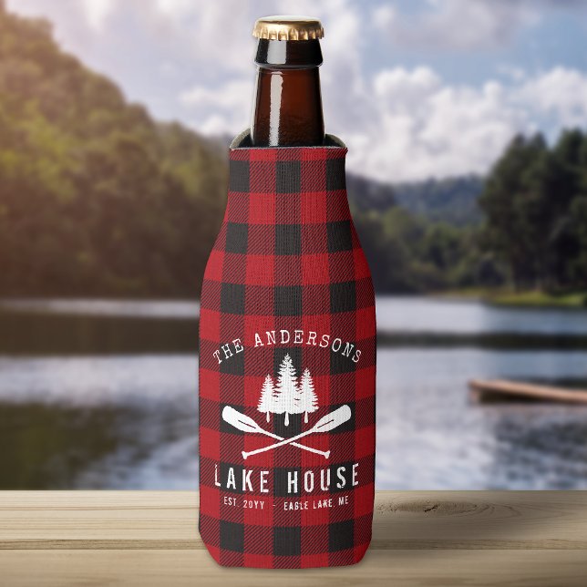 Rustic Family Lake house Trees Red Buffalo Plaid Bottle Cooler (Creator Uploaded)