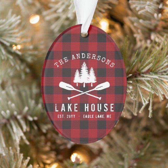 Rustic Family Lake house Trees Red Buffalo Plaid Ornament (Tree)