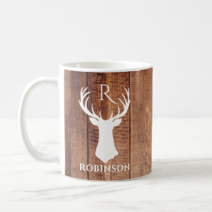 Rustic Family Monogram Wood Style Deer Antler Coffee Mug