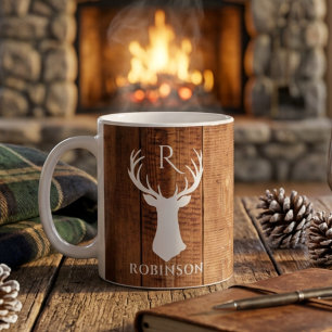 Rustic Family Monogram Wood Style Deer Antler Coffee Mug