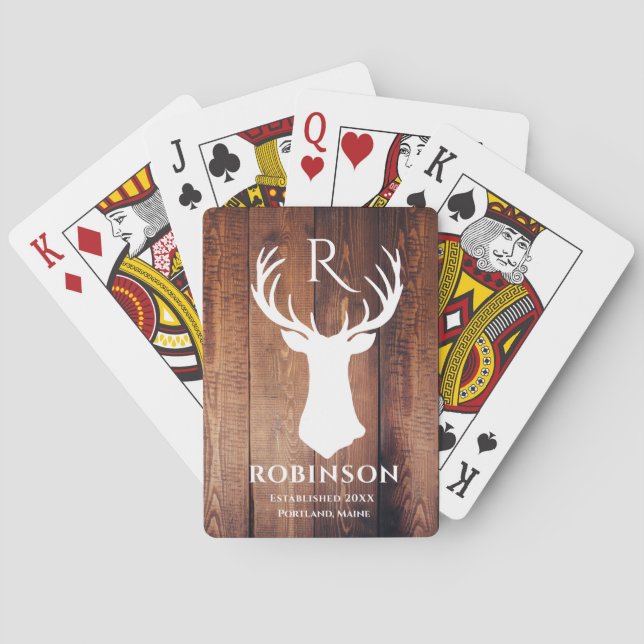 Rustic Family Monogram Wood Styled Deer Antler Playing Cards (Back)