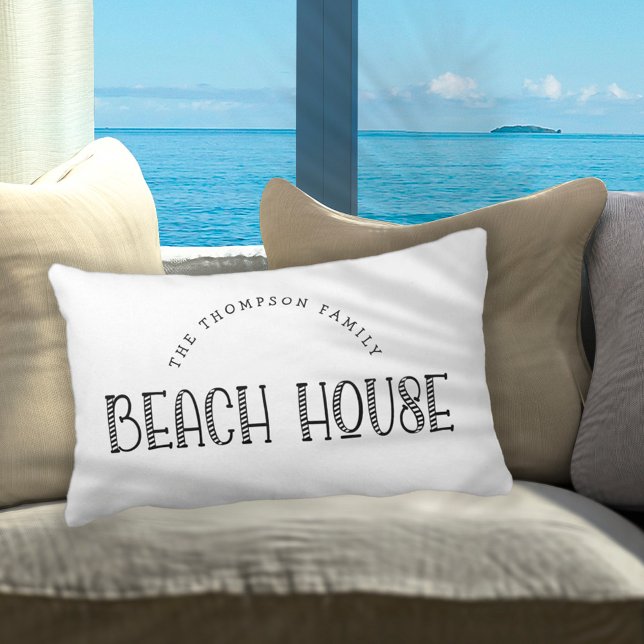 Rustic Family Name Beach House Text White Lumbar Cushion (Creator Uploaded)