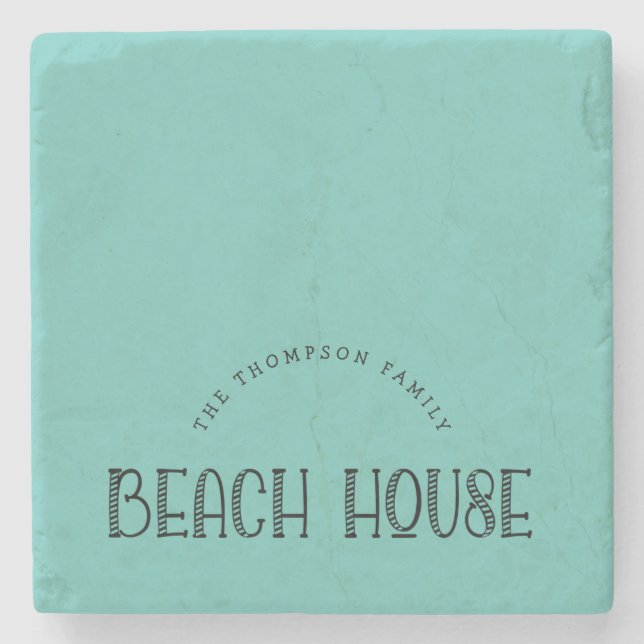 Rustic Family Name Beach House Typography Teal Stone Coaster (Front)