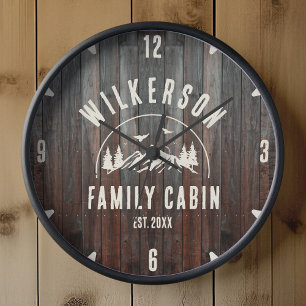 Rustic Family Name Cabin Cottage Lodge Retro Clock