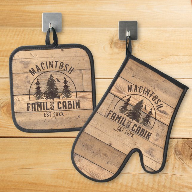 Rustic Family Name Cabin Forest Trees Oven Mitt & Pot Holder Set (Creator Uploaded)