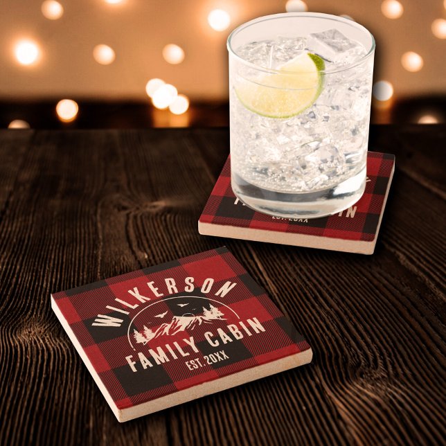 Rustic Family Name Cabin Lake House Red Plaid Stone Coaster (Creator Uploaded)