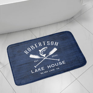 Rustic Family Name Lake House Navy Blue Wood Bath Mat