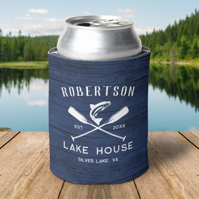 Rustic Family Name Lake House Navy Blue Wood Can Cooler (Creator Uploaded)