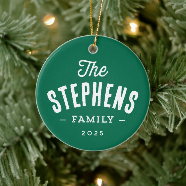 Rustic family name simple green photo Christmas Ceramic Ornament (Tree)