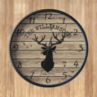 Rustic Family Name Wood Cabin Deer Buck Large Cloc