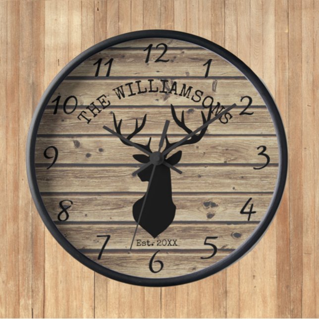 Rustic Family Name Wood Cabin Deer Buck Large Cloc Clock (Creator Uploaded)