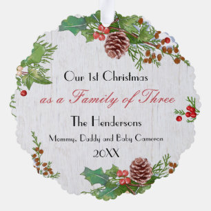 Rustic Family of 3 1st Xmas Newborn Best Gift Tree Decoration Card