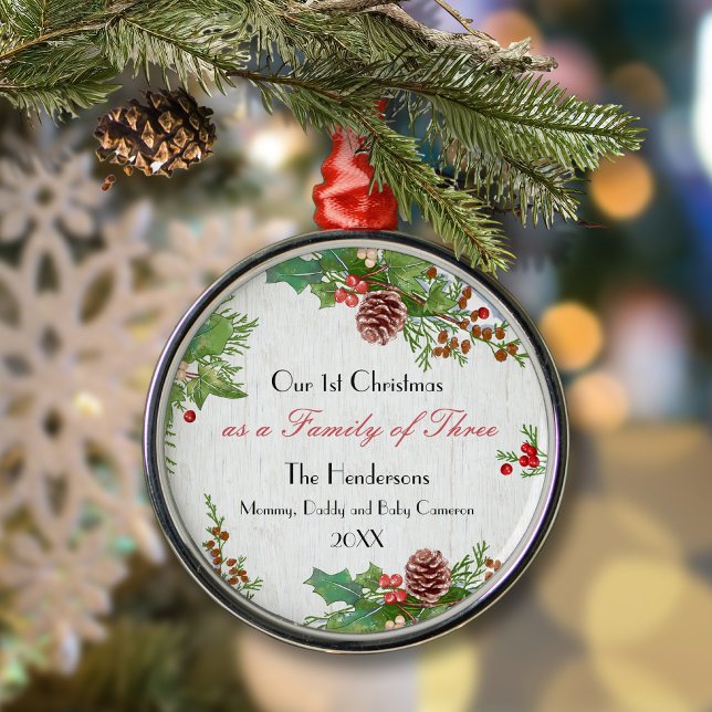 Rustic Family of 3 New Baby 1st Xmas Milestone Metal Ornament (Creator Uploaded)