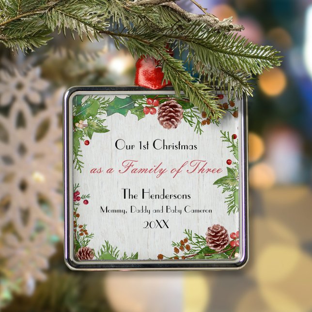 Rustic Family of Three Newborn Milestone Christmas Metal Ornament (Creator Uploaded)