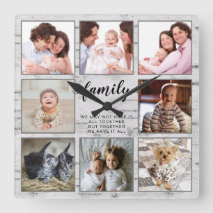 Rustic Family Personalised Photo Collage Square Wall Clock