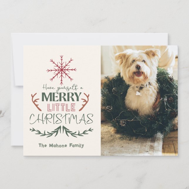 Rustic Family Pet 2 Photo Merry Little Christmas Holiday Card (Front)