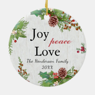 Rustic Family Photo 2-sided Joy Peace Love Xmas Ceramic Ornament
