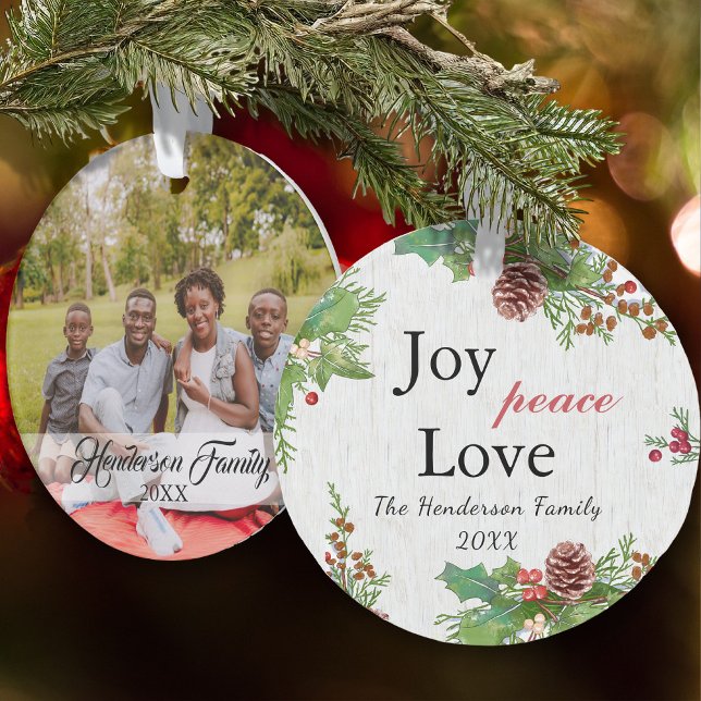 Rustic Family Photo 2-sided Joy Peace Love Xmas Ornament (Creator Uploaded)