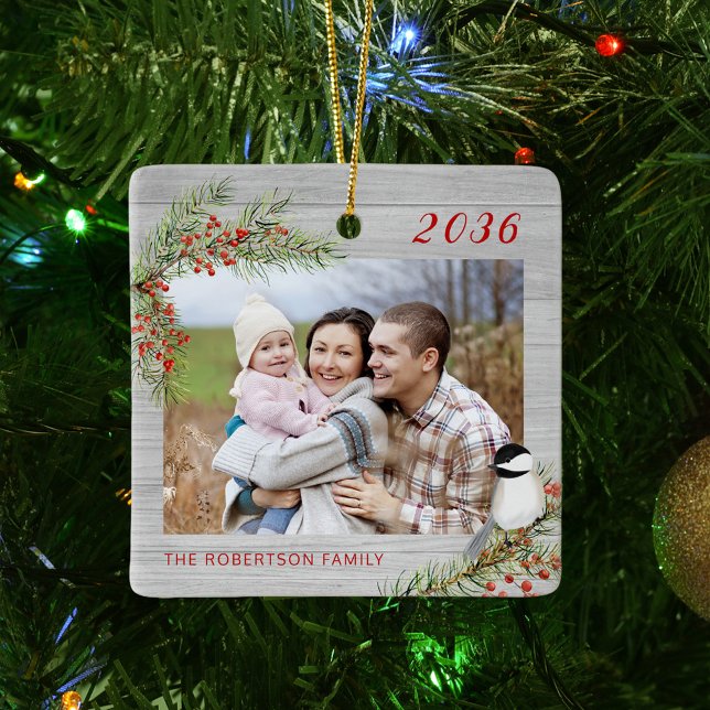 Rustic Family Photo Christmas Chickadee Ceramic Ornament (Creator Uploaded)