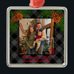 Rustic family photo Christmas grey plaid pinecone Metal Ornament<br><div class="desc">Rustic country up-north feeling ! Grey and Black plaid - pine cones - holiday cheer,  elegant script calligraphy text! Customisable - change text style add your own photo,  make it your own!</div>