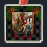 Rustic family photo Christmas grey plaid pinecone Metal Ornament<br><div class="desc">Rustic country up-north feeling ! Grey and Black plaid - pine cones - holiday cheer,  elegant script calligraphy text! Customisable - change text style add your own photo,  make it your own!</div>