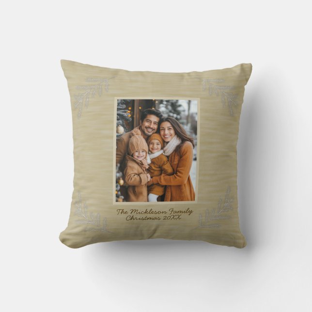 Rustic Family Photo Christmas Pine Branches Cushion (Front)