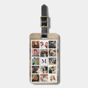 Rustic Family Photo Collage & Faux Wood   Monogram Luggage Tag