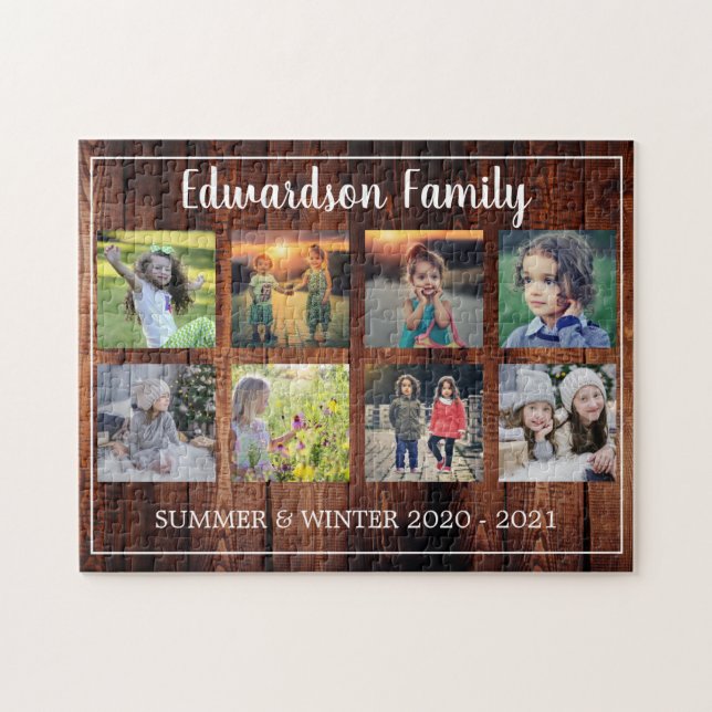 Rustic family photo collage monogrammed 8 photos jigsaw puzzle (Horizontal)