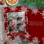 Rustic family photo Merry Christmas together red Holiday Card<br><div class="desc">Modern rustic winter red custom family photo holiday card with a big white snowflakes frame.                       Easy to personalise with your picture,  text script,  family name,  and your text on the backside!</div>