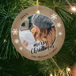Rustic Family Photo Snowflake Merry Christmas  Ceramic Ornament
