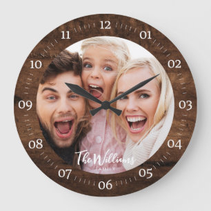 Rustic Family Photo with Modern Script Large Clock
